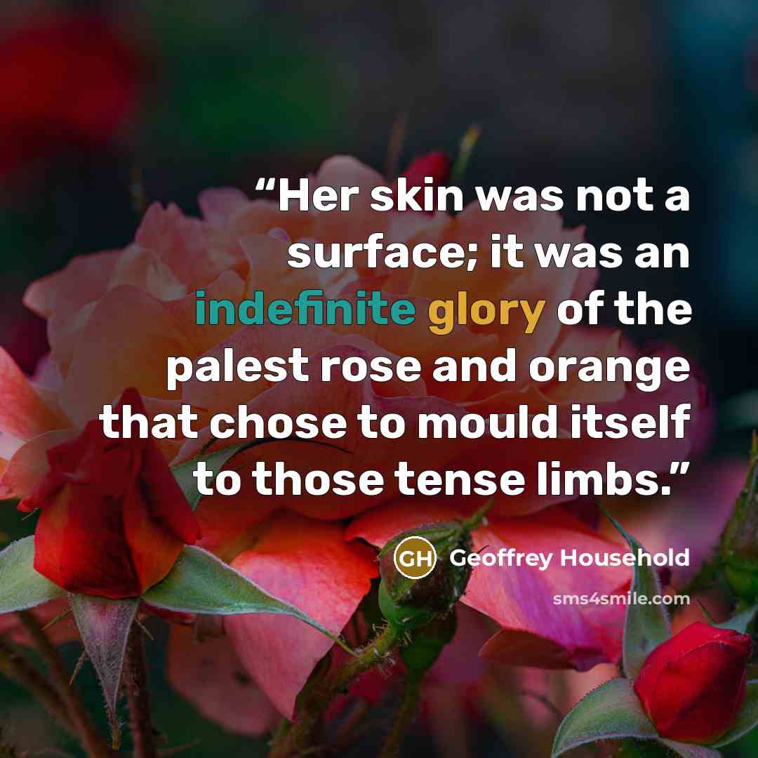 “Her skin was not a surface; it was an indefinite glory of the palest rose and orange that chose to mould itself to those tense limbs.” quote by Geoffrey Household