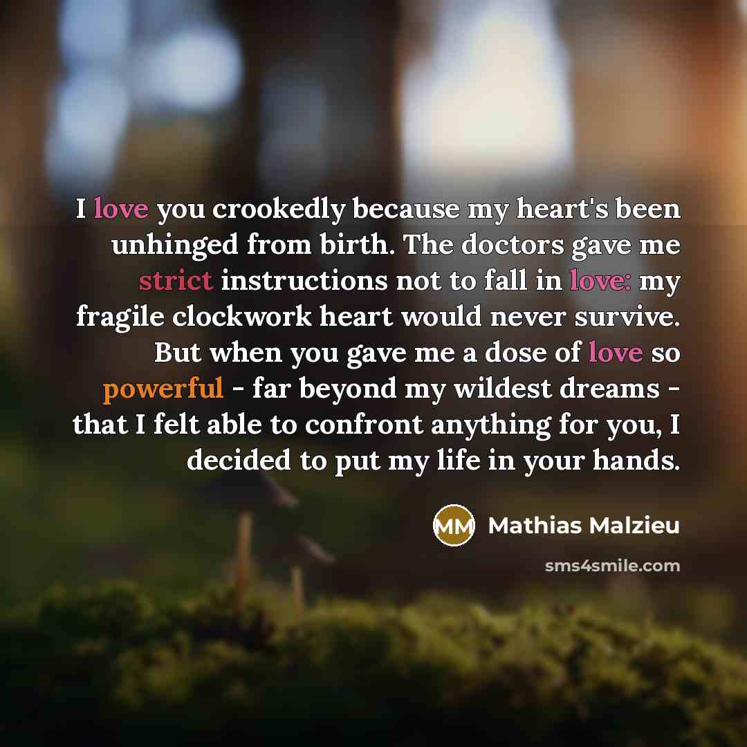“I love you crookedly because my heart's been unhinged from…” quote by Mathias Malzieu