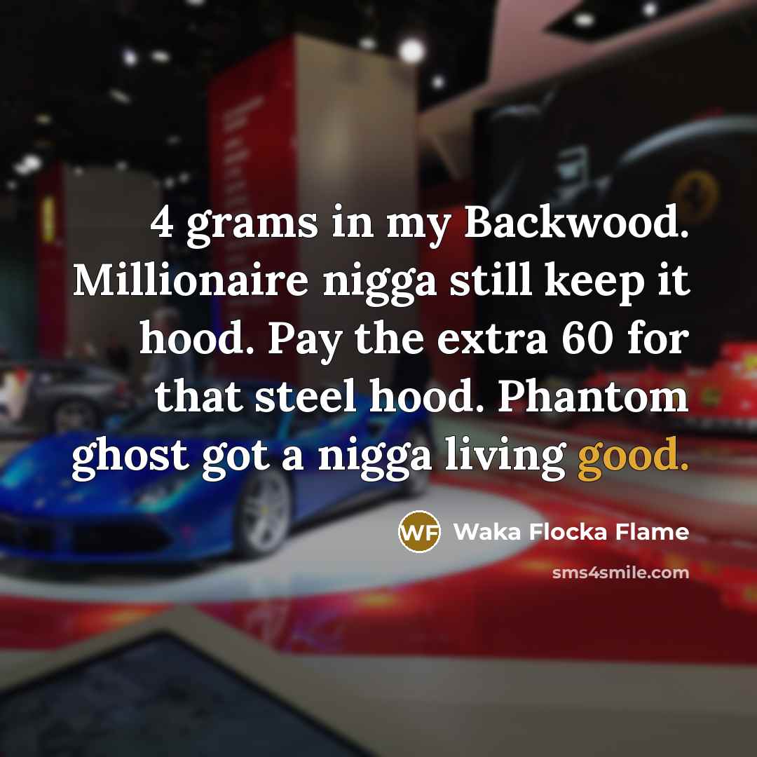 “4 grams in my Backwood. Millionaire nigga still keep it hood. Pay the extra 60 for that steel hood. Phantom ghost got a nigga living good.” quote by Waka Flocka Flame
