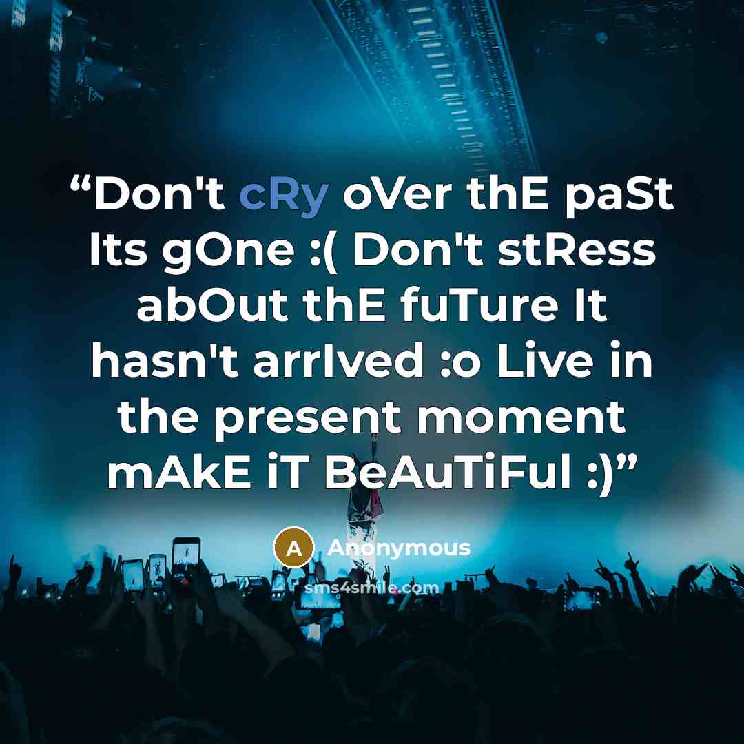 “Don't cRy oVer thE paSt Its gOne :( Don't stRess abOut thE fuTure It hasn't arrIved :o Live in the present moment mAkE iT BeAuTiFul :)” quote by Anonymous