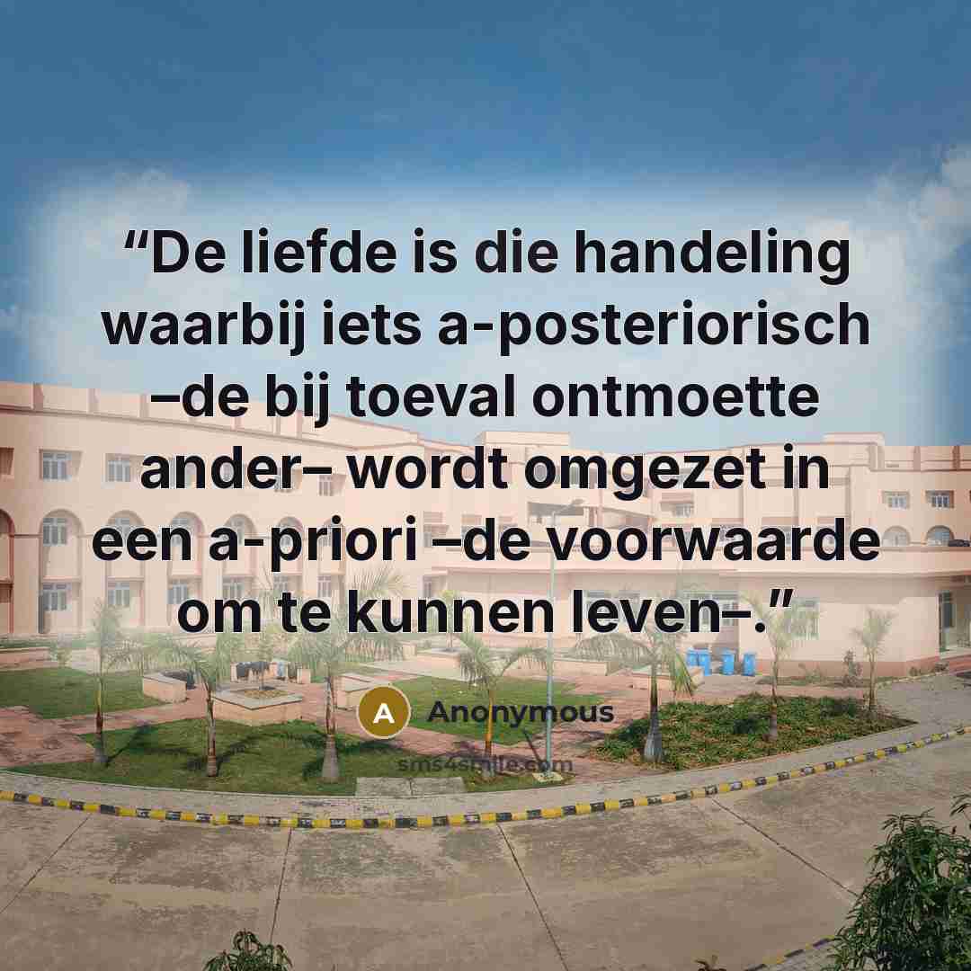 “De liefde is die handeling waarbij iets a-posteriorisch –de bij toeval ontmoette ander– wordt omgezet in een a-priori –de voorwaarde om te kunnen leven–.” quote by Anonymous