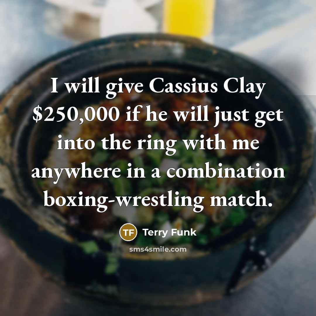 “I will give Cassius Clay $250,000 if he will just get into the ring with me anywhere in a combination boxing-wrestling match.” quote by Terry Funk