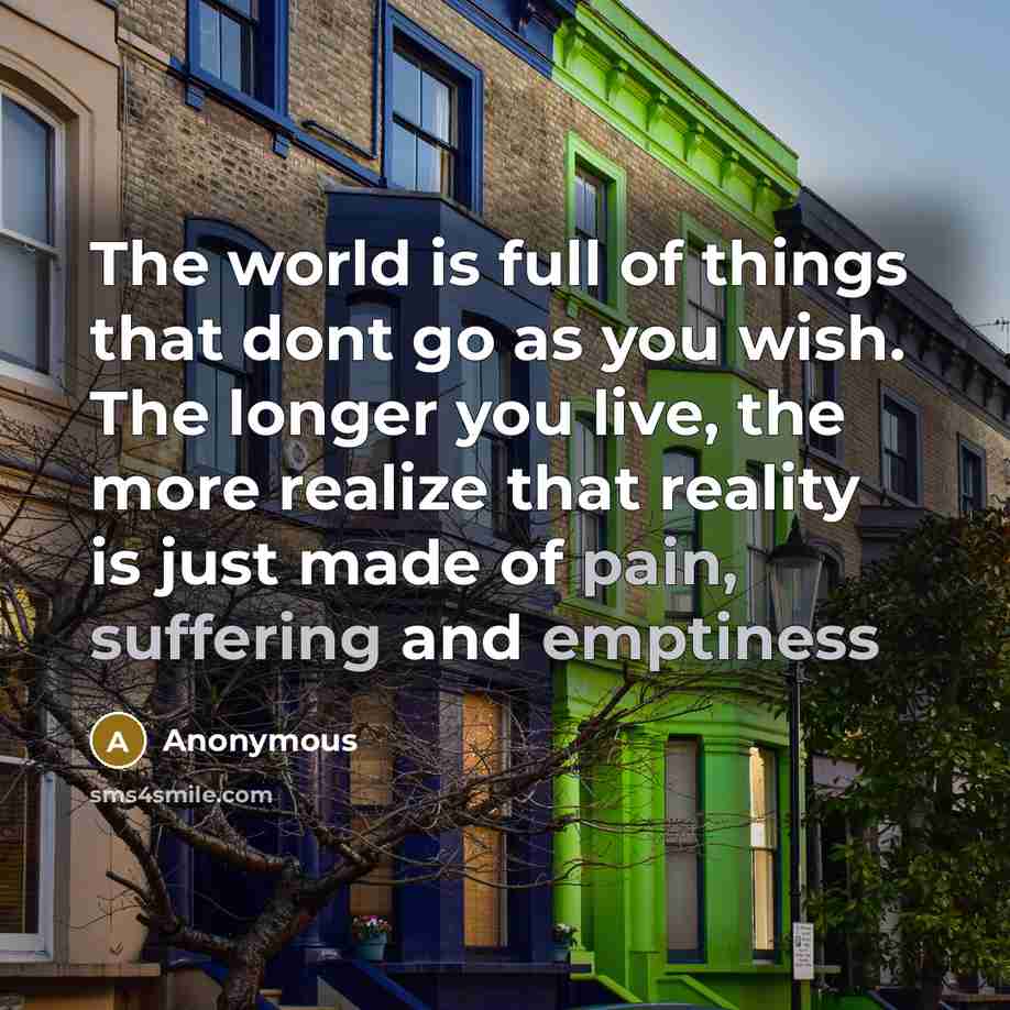 “The world is full of things that dont go as you wish. The longer you live, the more realize that reality is just made of pain, suffering and emptiness” quote by Anonymous