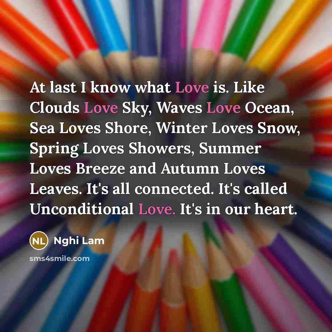 “At last I know what Love is. Like Clouds Love Sky, Waves Love Ocean, Sea Loves Shore, Winter Loves Snow, Spring Loves Showers, Summer Loves Breeze and Autumn Loves Leaves. It's all connected. It's called Unconditional Love. It's in our heart.” quote by Nghi Lam