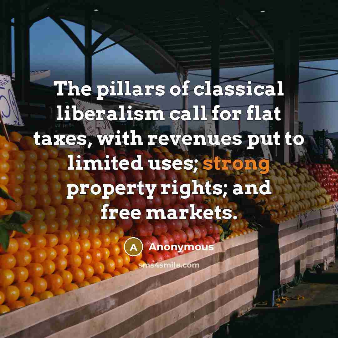 “The pillars of classical liberalism call for flat taxes, with revenues put to limited uses; strong property rights; and free markets.” quote by Anonymous