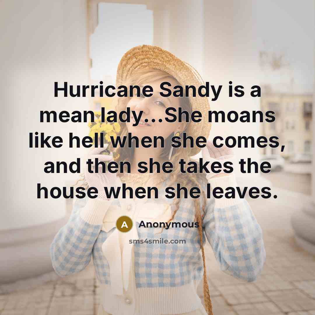 “Hurricane Sandy is a mean lady...She moans like hell when she comes, and then she takes the house when she leaves.” quote by Anonymous