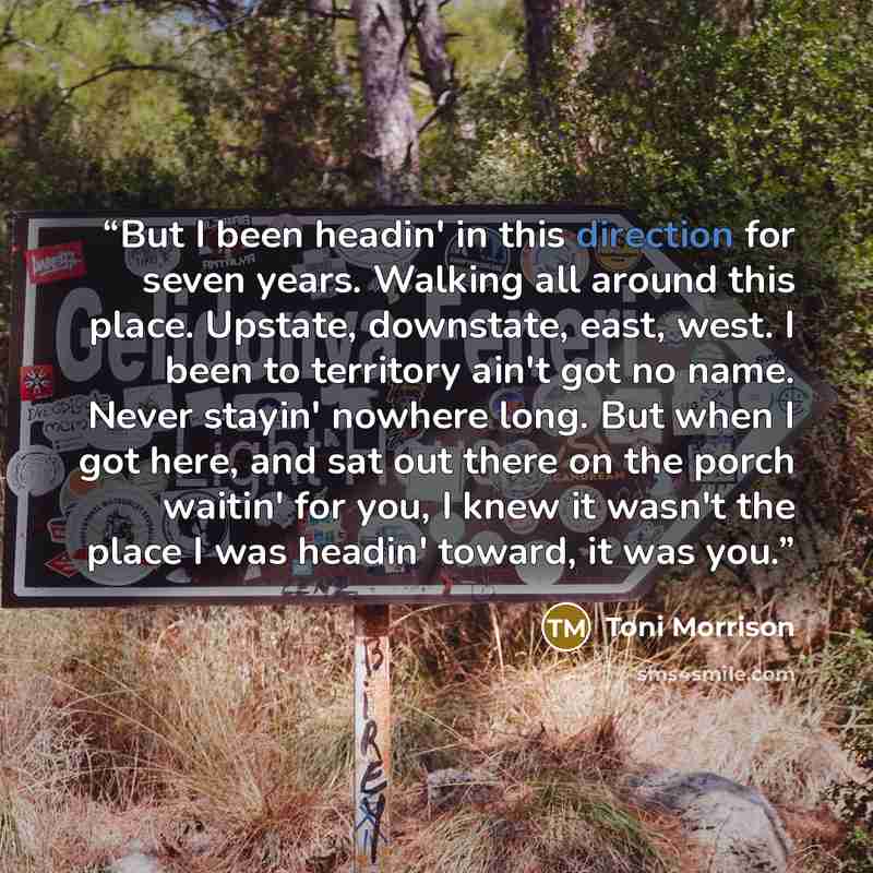 “But I been headin' in this direction for seven years. Walking all around this place. Upstate, downstate, east, west. I been to territory ain't got no name. Never stayin' nowhere long. But when I got here, and sat out there on the porch waitin' for you, I knew it wasn't the place I was headin'…” quote by Toni Morrison