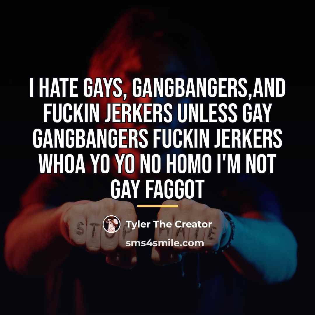 “I hate gays, gangbangers,and fuckin jerkers unless gay gangbangers fuckin…” quote by Tyler The Creator