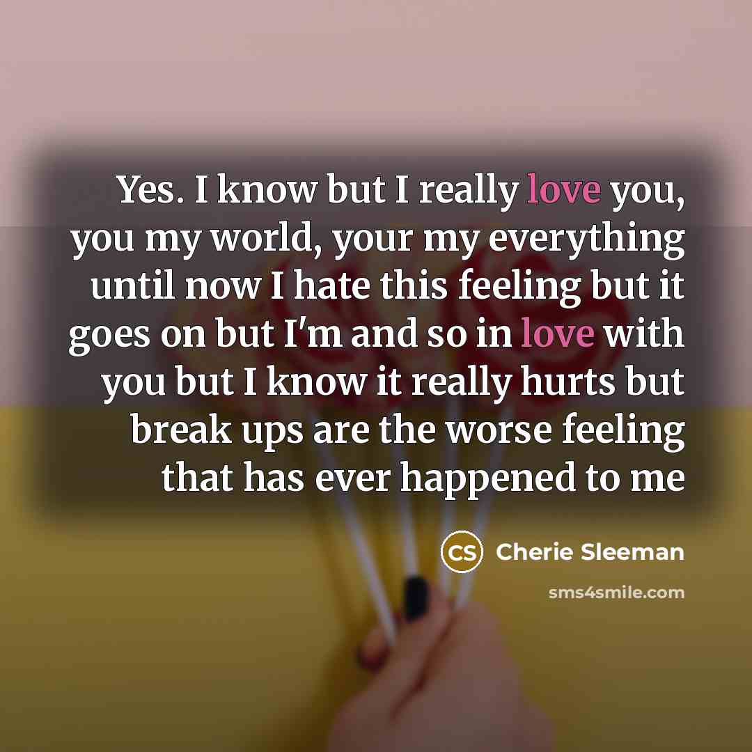 “Yes. I know but I really love you, you my world, your my everything until now I hate this feeling but it goes on but I'm and so in love with you but I know it really hurts but break ups are the worse feeling that has ever happened to me” quote by Cherie Sleeman