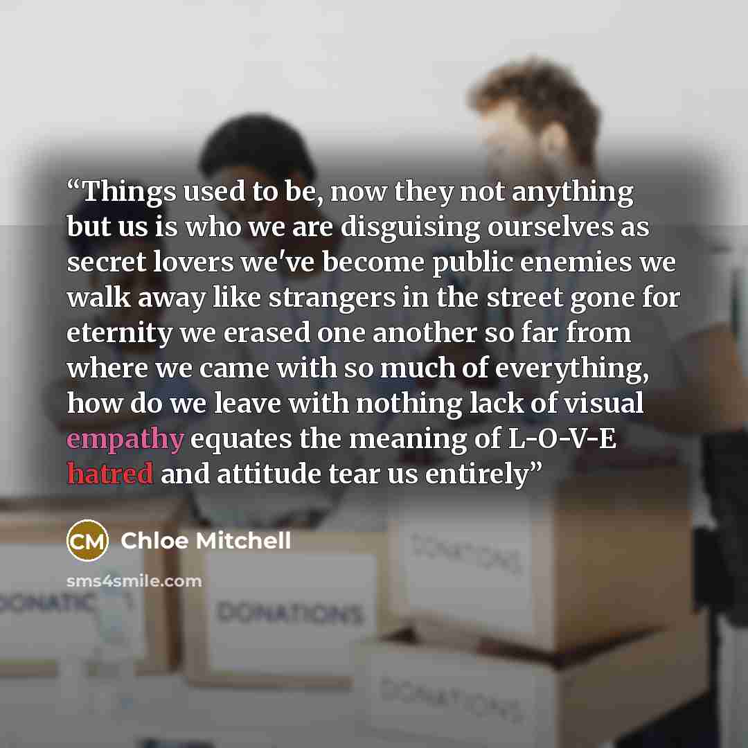 “Things used to be, now they not anything but us is who we are disguising ourselves as secret lovers we've become public enemies we walk away like strangers in the street gone for eternity we erased one another so far from where we came with so much of everything, how do we leave with nothing lack…” quote by Chloe Mitchell