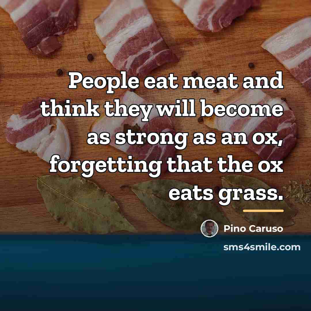 “People eat meat and think they will become as strong…” quote by Pino Caruso