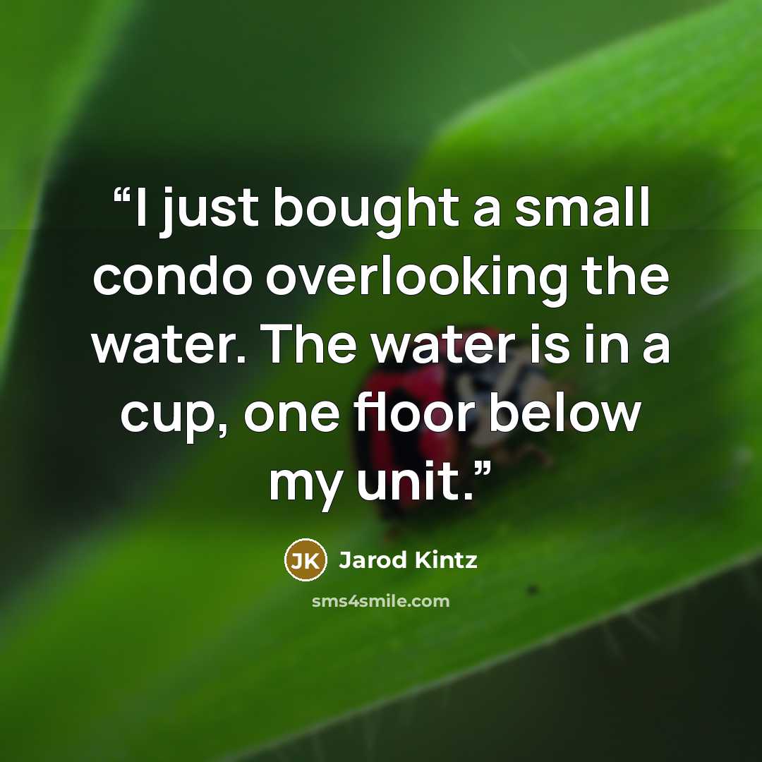 “I just bought a small condo overlooking the water. The water is in a cup, one floor below my unit.” quote by Jarod Kintz