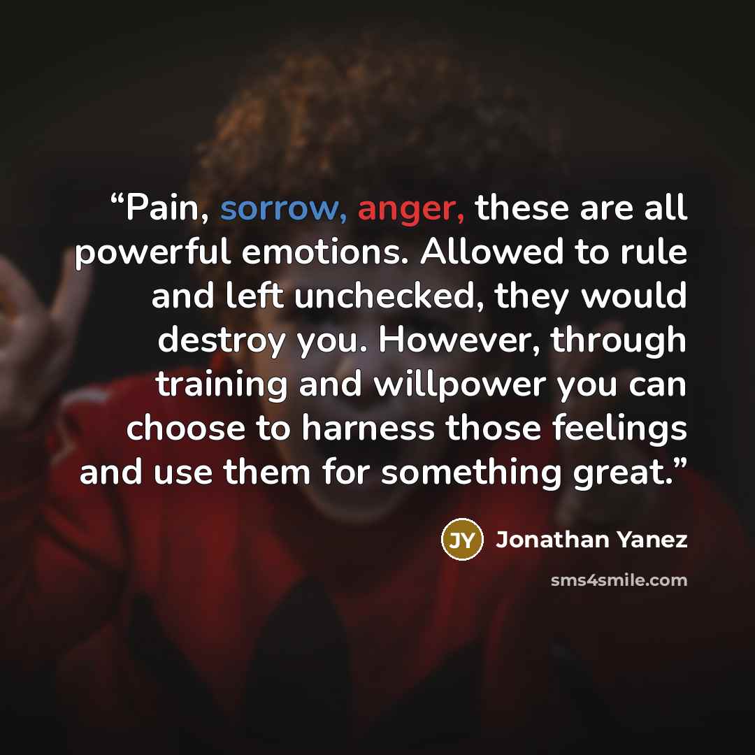 “Pain, sorrow, anger, these are all powerful emotions. Allowed to rule and left unchecked, they would destroy you. However, through training and willpower you can choose to harness those feelings and use them for something great.” quote by Jonathan Yanez