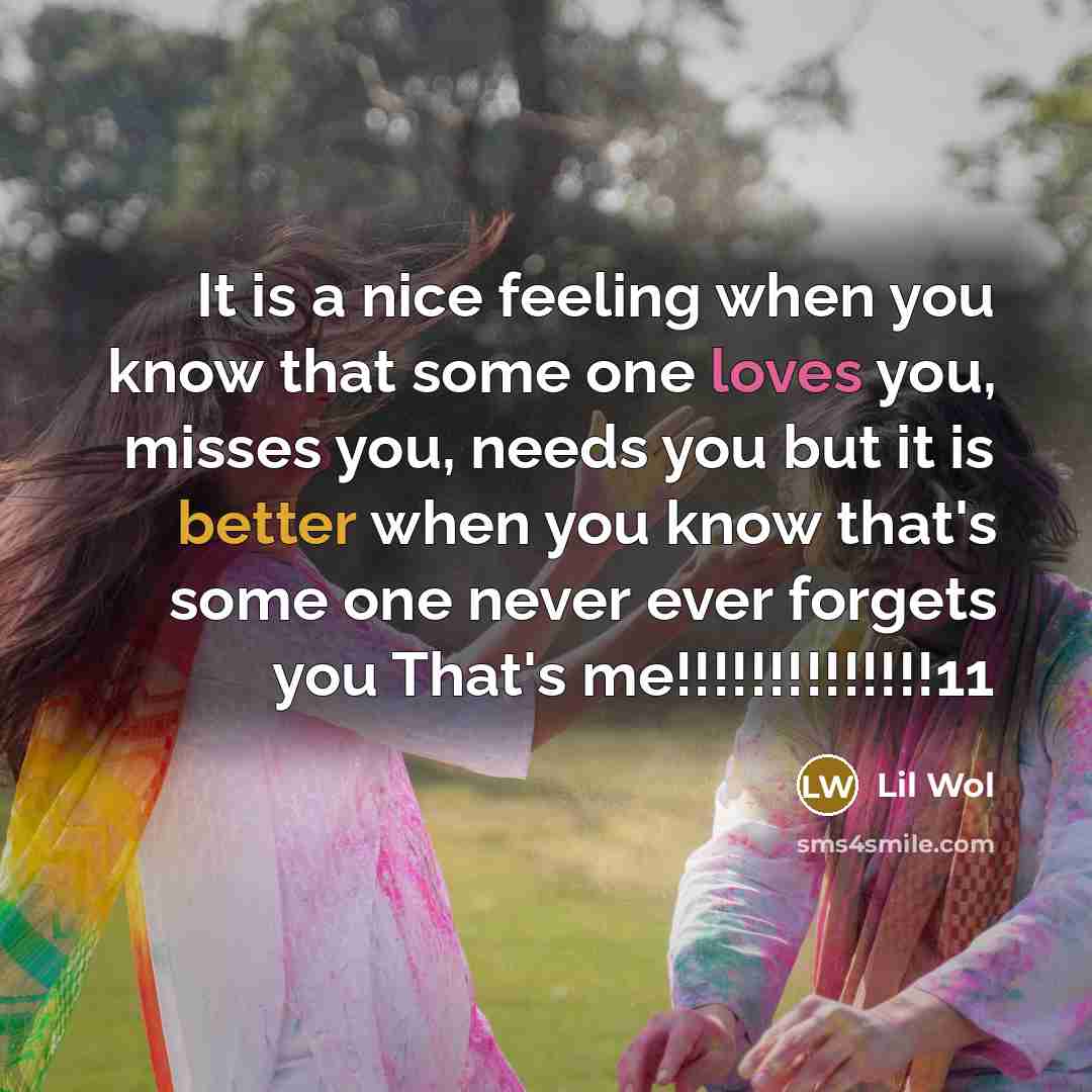 “It is a nice feeling when you know that some one loves you, misses you, needs you but it is better when you know that's some one never ever forgets you That's me!!!!!!!!!!!!!!11” quote by Lil Wol
