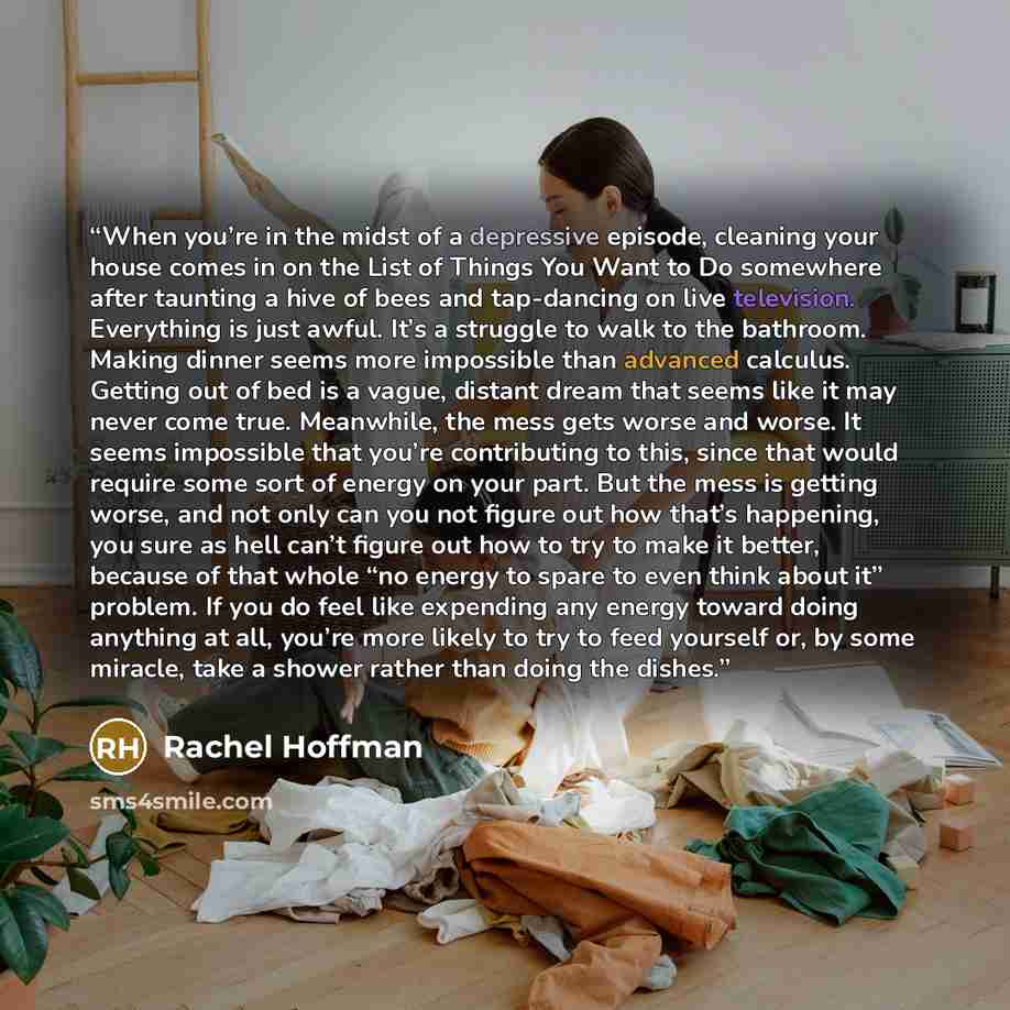 “When you’re in the midst of a depressive episode, cleaning your house comes in on the List of Things You Want to Do somewhere after taunting a hive of bees and tap-dancing on live television. Everything is just awful. It’s a struggle to walk to the bathroom. Making dinner seems more impossible…” quote by Rachel Hoffman