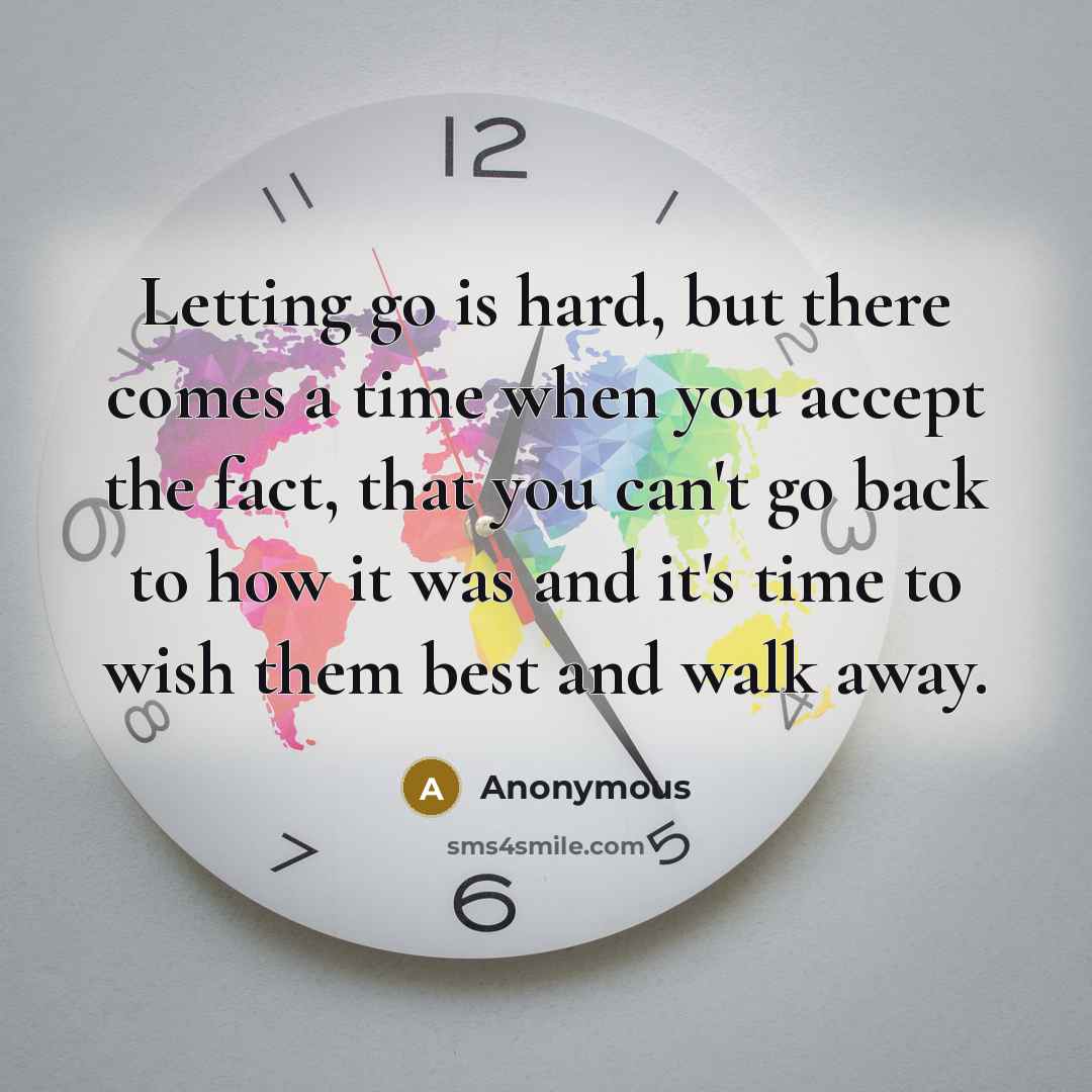 “Letting go is hard, but there comes a time when you accept the fact, that you can't go back to how it was and it's time to wish them best and walk away.” quote by Anonymous