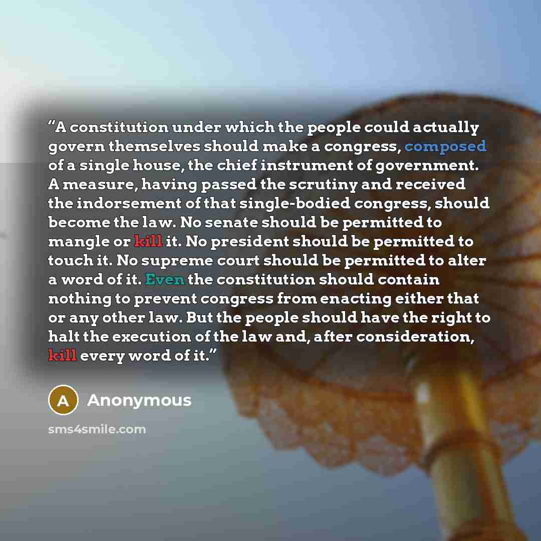 “A constitution under which the people could actually govern themselves should make a congress, composed of a single house, the chief instrument of government. A measure, having passed the scrutiny and received the indorsement of that single-bodied congress, should become the law. No senate should…” quote by Anonymous