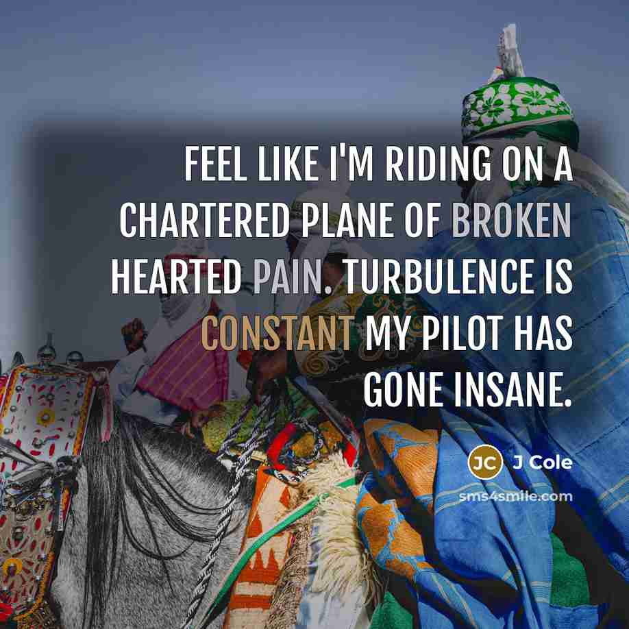 “Feel like I'm riding on a chartered plane of broken hearted pain. Turbulence is constant my pilot has gone insane.” quote by J Cole