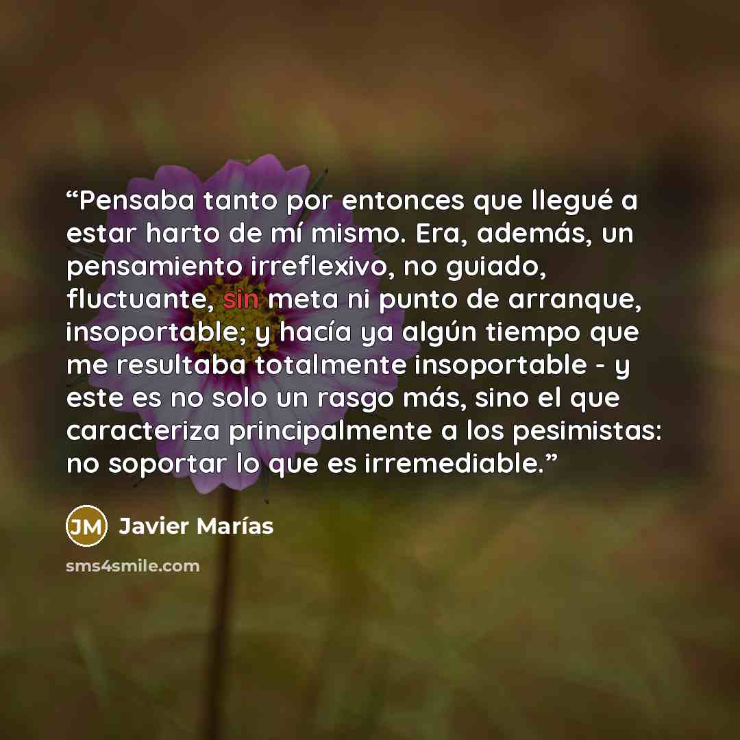 “Pensaba tanto por entonces que llegué a estar harto de mí mismo. Era, además, un pensamiento irreflexivo, no guiado, fluctuante, sin meta ni punto de arranque, insoportable; y hacía ya algún tiempo que me resultaba totalmente insoportable - y este es no solo un rasgo más, sino el que caracteriza…” quote by Javier Marías