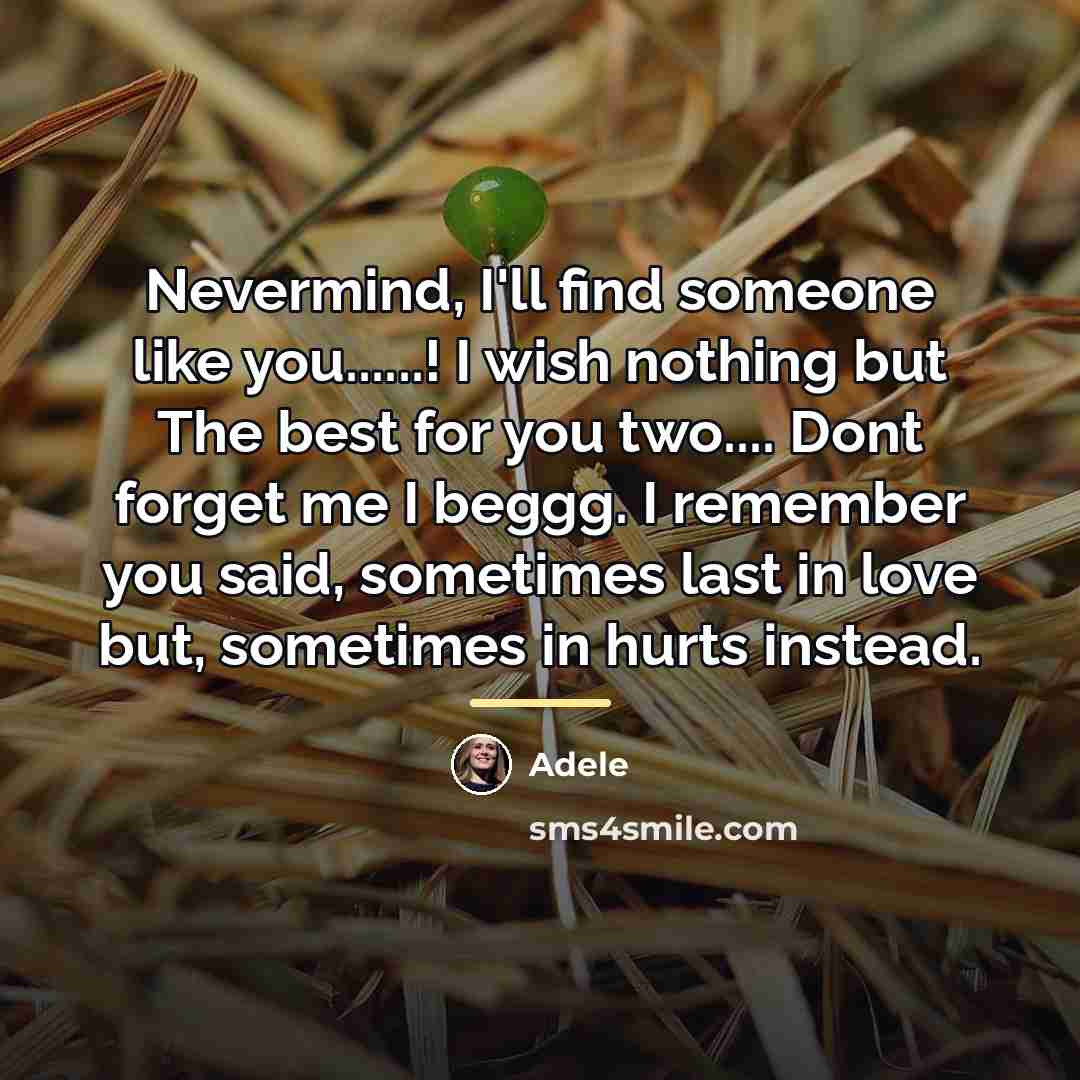 “Nevermind, I'll find someone like you......! I wish nothing but…” quote by Adele