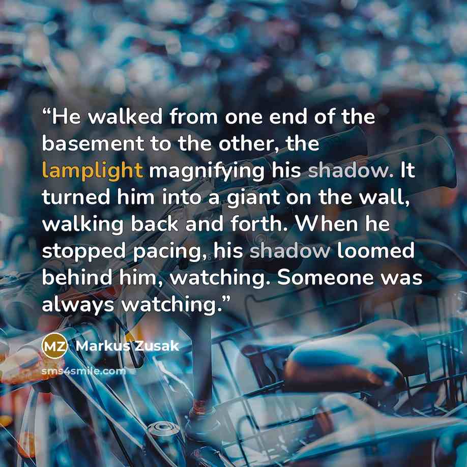 “He walked from one end of the basement to the other, the lamplight magnifying his shadow. It turned him into a giant on the wall, walking back and forth. When he stopped pacing, his shadow loomed behind him, watching. Someone was always watching.” quote by Markus Zusak
