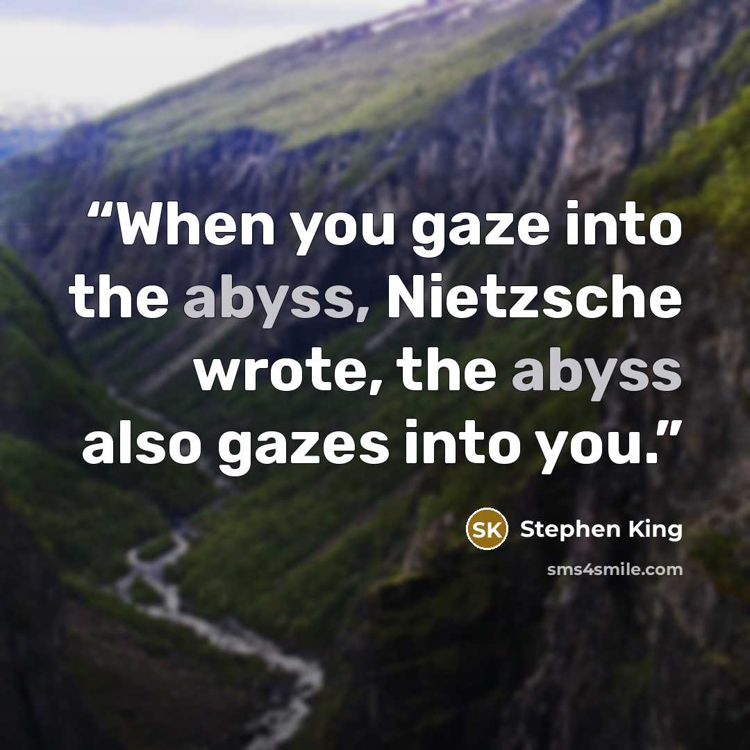 “When you gaze into the abyss, Nietzsche wrote, the abyss also gazes into you.” quote by Stephen King