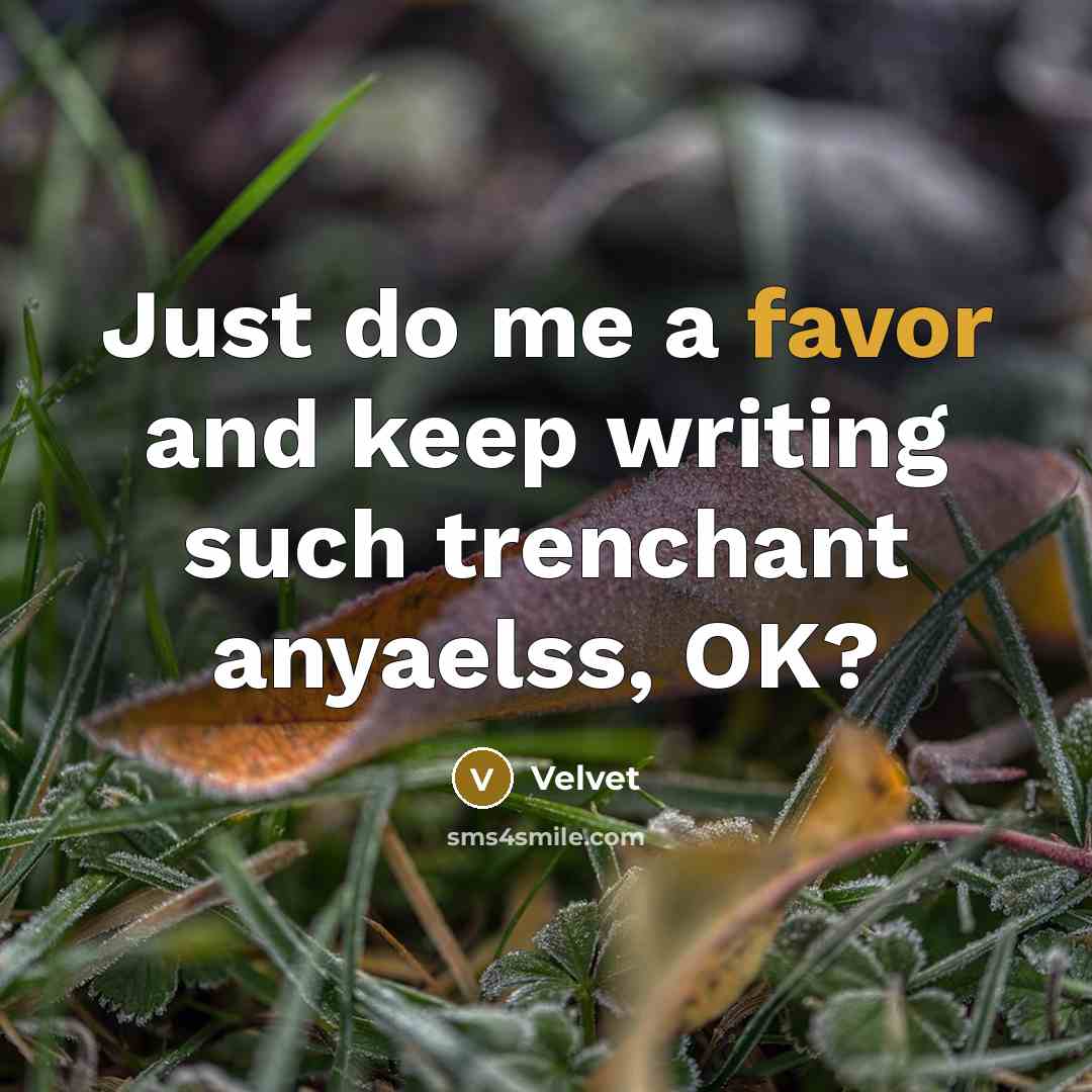 “Just do me a favor and keep writing such trenchant…” quote by Velvet