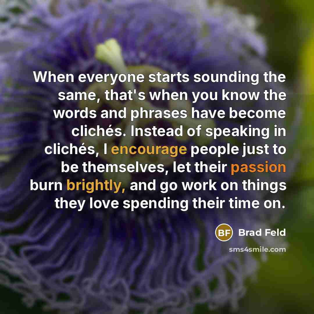 “When everyone starts sounding the same, that's when you know the words and phrases have become clichés. Instead of speaking in clichés, I encourage people just to be themselves, let their passion burn brightly, and go work on things they love spending their time on.” quote by Brad Feld