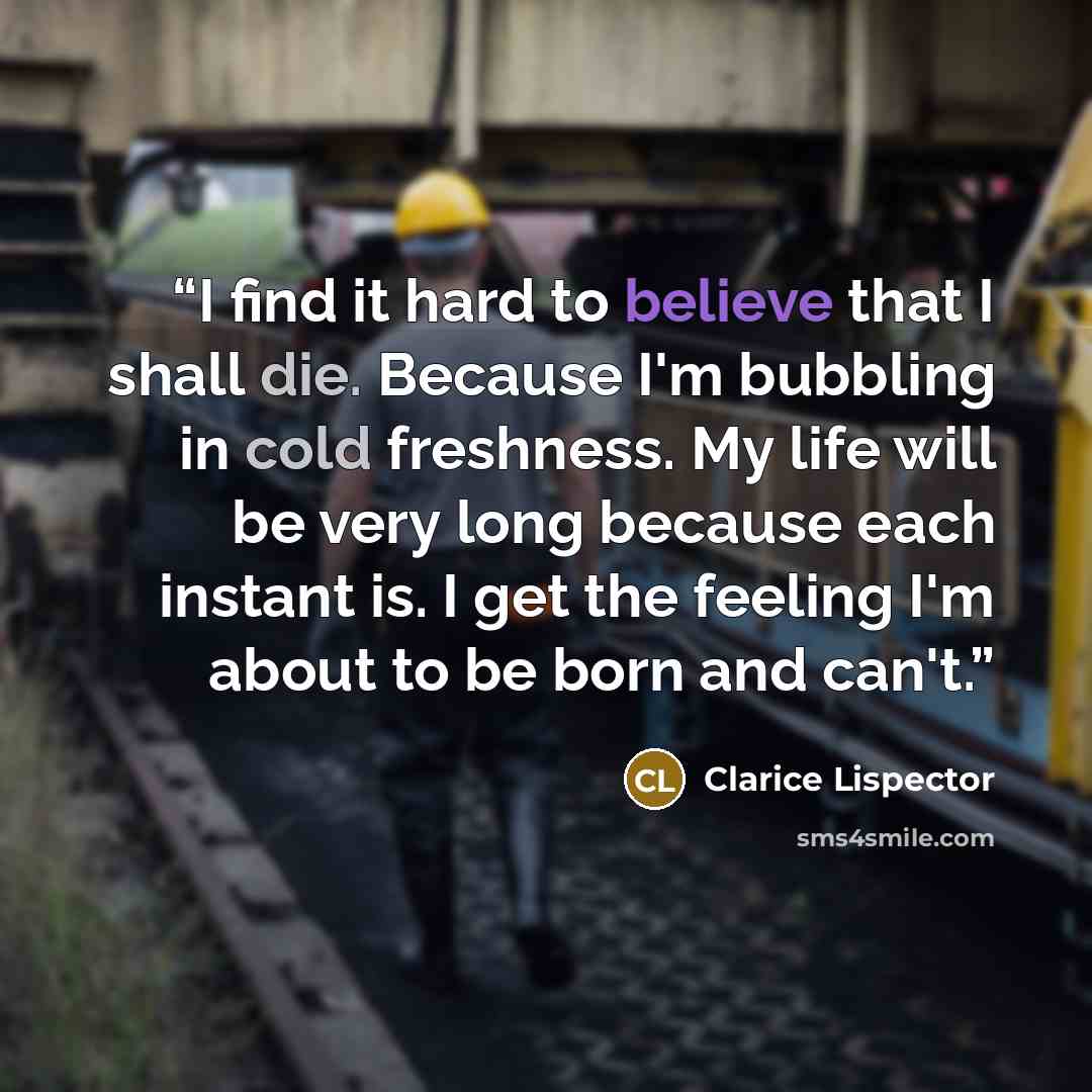 “I find it hard to believe that I shall die. Because I'm bubbling in cold freshness. My life will be very long because each instant is. I get the feeling I'm about to be born and can't.” quote by Clarice Lispector