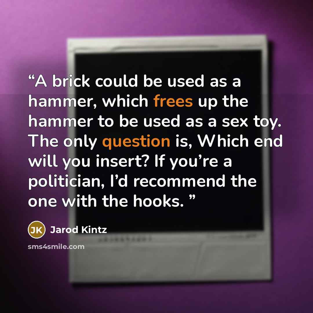 “A brick could be used as a hammer, which frees up the hammer to be used as a sex toy. The only question is, Which end will you insert? If you’re a politician, I’d recommend the one with the hooks.” quote by Jarod Kintz