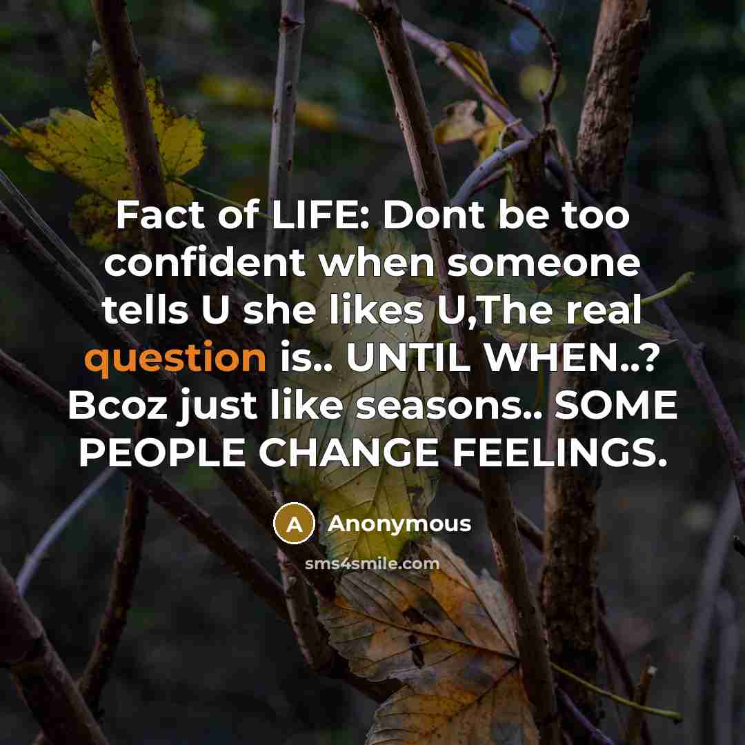 “Fact of LIFE: Dont be too confident when someone tells U she likes U,The real question is.. UNTIL WHEN..? Bcoz just like seasons.. SOME PEOPLE CHANGE FEELINGS.” quote by Anonymous