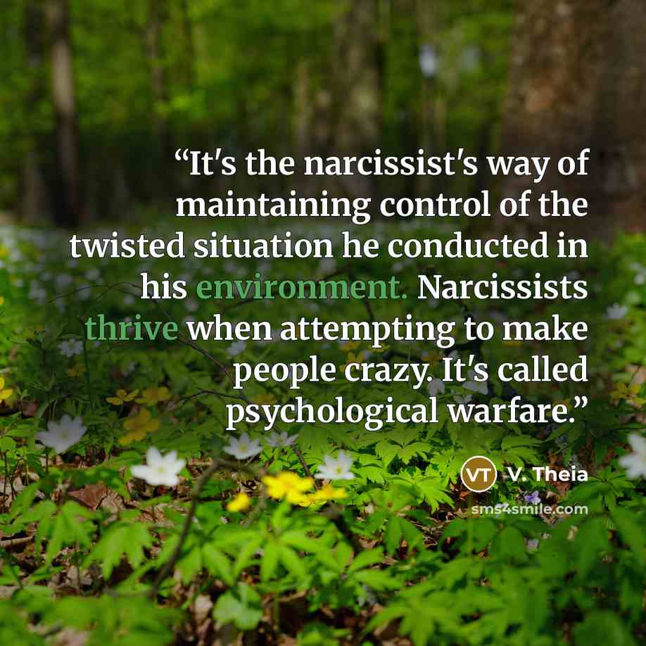 “It's the narcissist's way of maintaining control of the twisted situation he conducted in his environment. Narcissists thrive when attempting to make people crazy. It's called psychological warfare.” quote by V. Theia