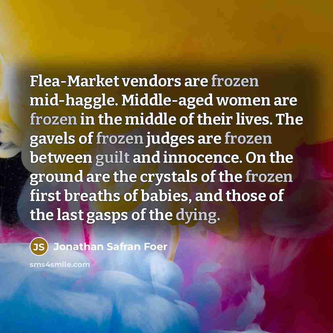 “Flea-Market vendors are frozen mid-haggle. Middle-aged women are frozen in…” quote by Jonathan Safran Foer