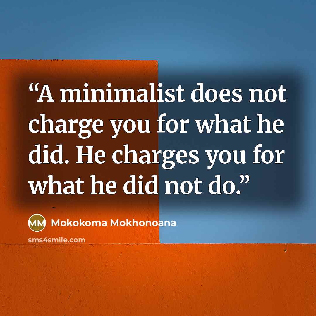“A minimalist does not charge you for what he did. He charges you for what he did not do.” quote by Mokokoma Mokhonoana