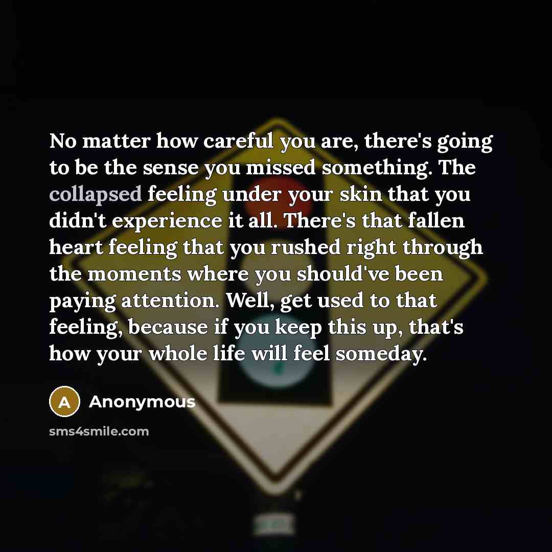 “No matter how careful you are, there's going to be the sense you missed something. The collapsed feeling under your skin that you didn't experience it all. There's that fallen heart feeling that you rushed right through the moments where you should've been paying attention. Well, get used to that…” quote by Anonymous