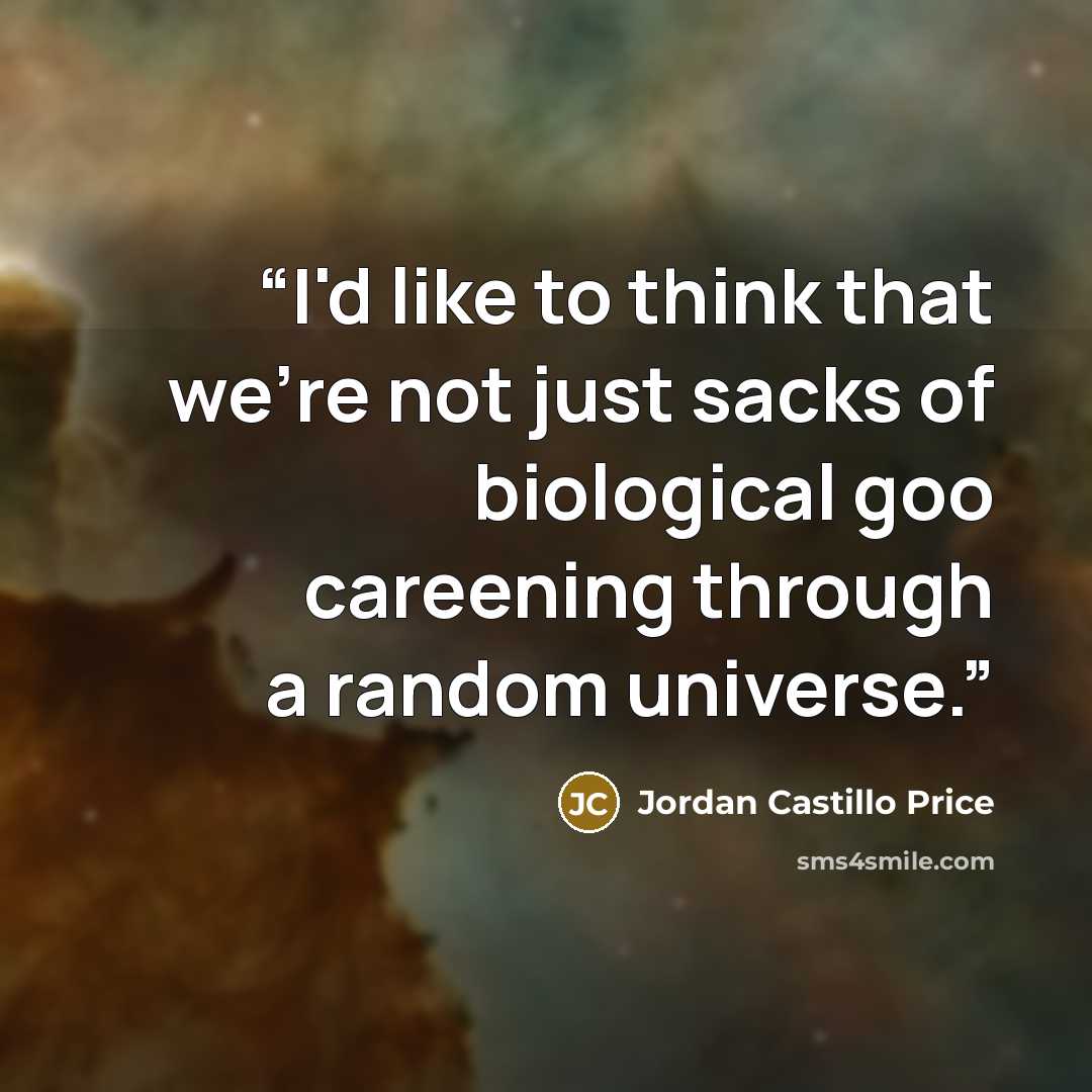 “I'd like to think that we're not just sacks of biological goo careening through a random universe.” quote by Jordan Castillo Price