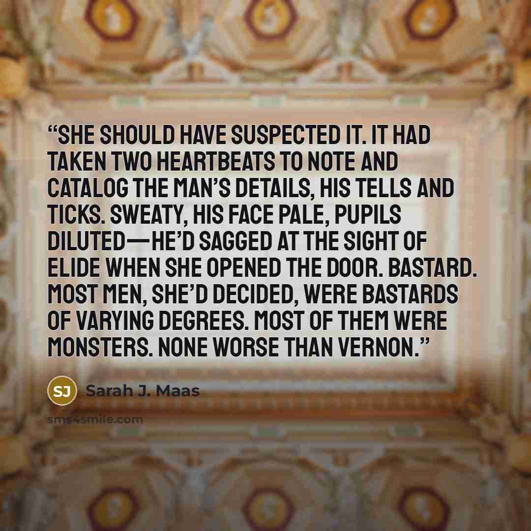 “She should have suspected it. It had taken two heartbeats to note and catalog the man’s details, his tells and ticks. Sweaty, his face pale, pupils diluted—he’d sagged at the sight of Elide when she opened the door. Bastard. Most men, she’d decided, were bastards of varying degrees. Most of them…” quote by Sarah J. Maas