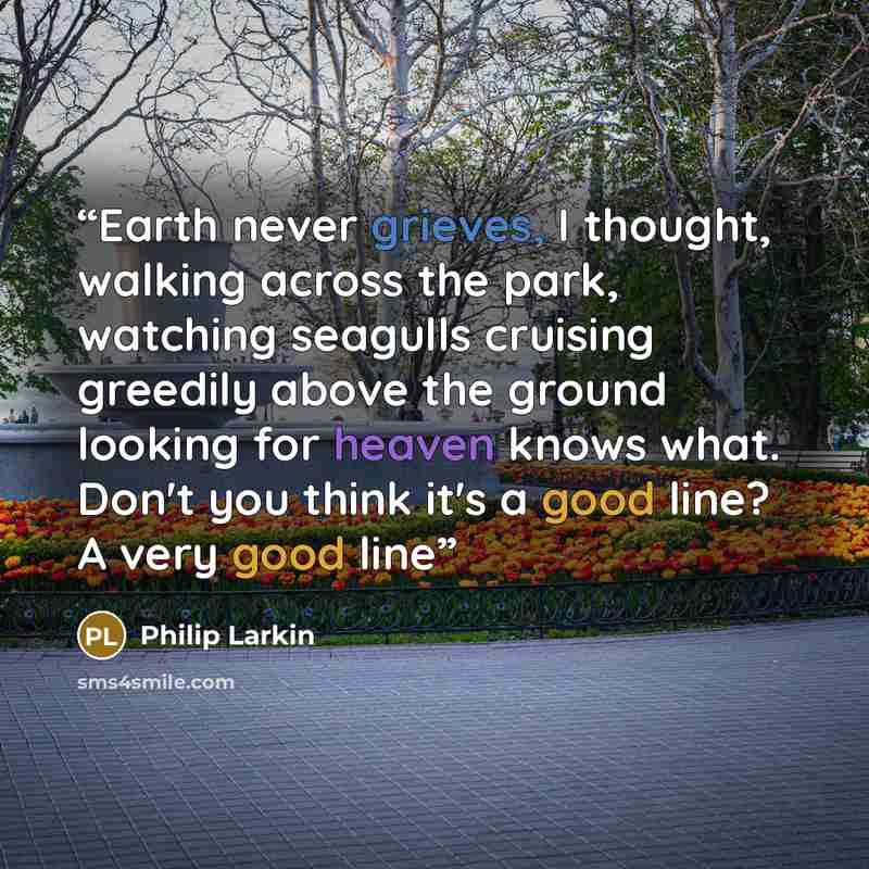 “Earth never grieves, I thought, walking across the park, watching seagulls cruising greedily above the ground looking for heaven knows what. Don't you think it's a good line? A very good line” quote by Philip Larkin