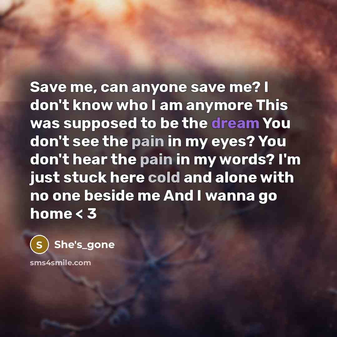 “Save me, can anyone save me? I don't know who I am anymore This was supposed to be the dream You don't see the pain in my eyes? You don't hear the pain in my words? I'm just stuck here cold and alone with no one beside me And I wanna go home < 3” quote by She's_gone