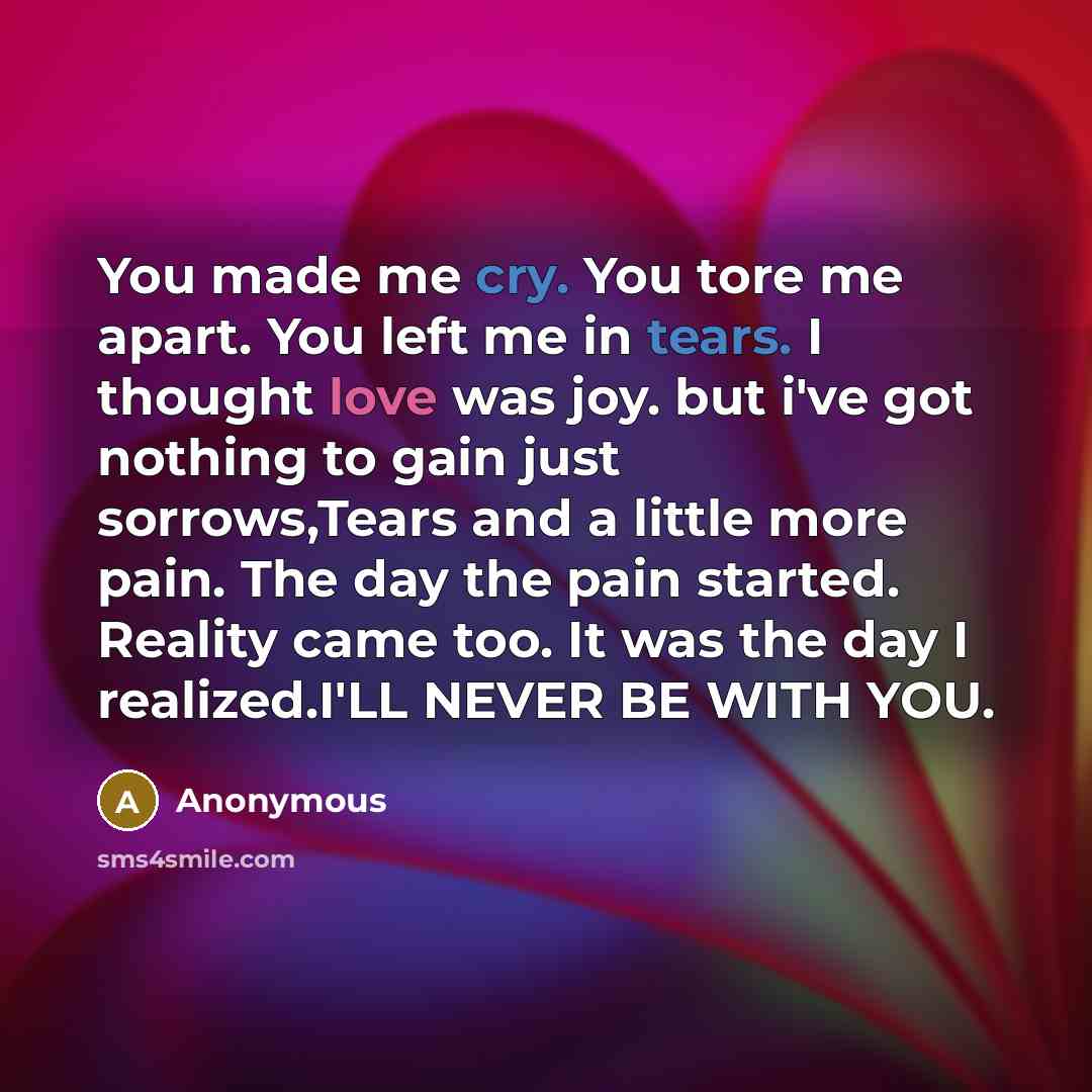 “You made me cry. You tore me apart. You left me in tears. I thought love was joy. but i've got nothing to gain just sorrows,Tears and a little more pain. The day the pain started. Reality came too. It was the day I realized.I'LL NEVER BE WITH YOU.” quote by Anonymous