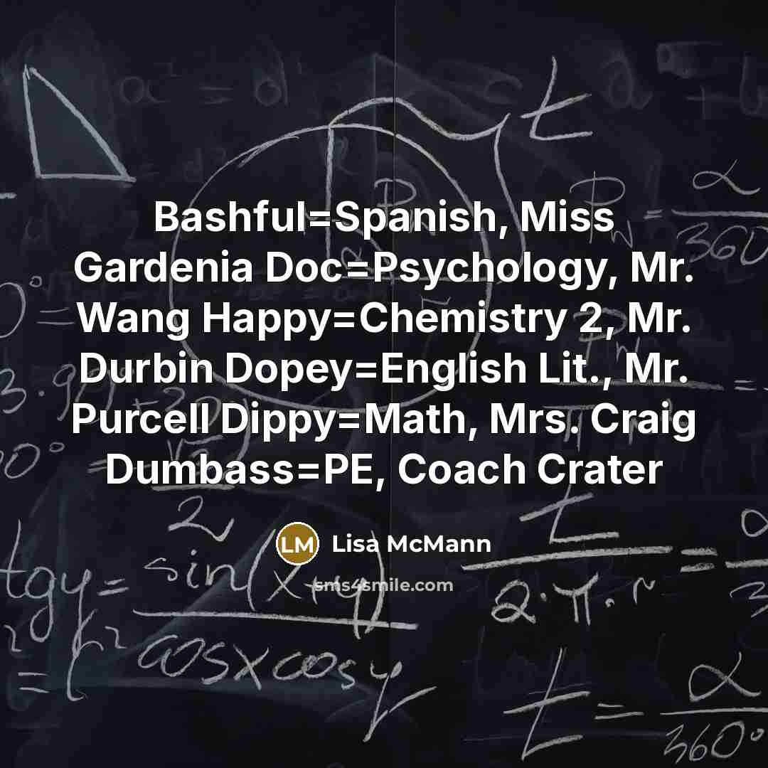 “Bashful=Spanish, Miss Gardenia Doc=Psychology, Mr. Wang Happy=Chemistry 2, Mr. Durbin…” quote by Lisa McMann