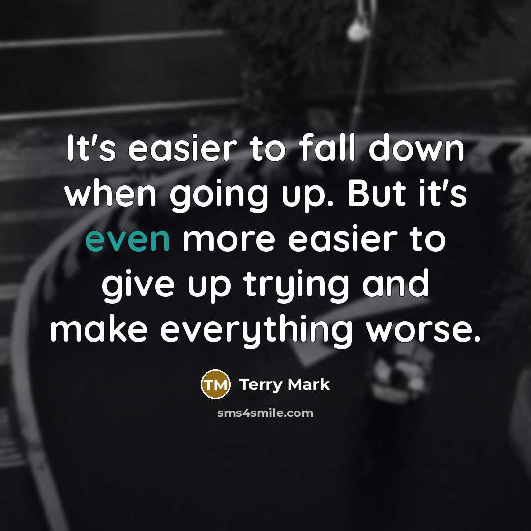 “It's easier to fall down when going up. But it's even more easier to give up trying and make everything worse.” quote by Terry Mark