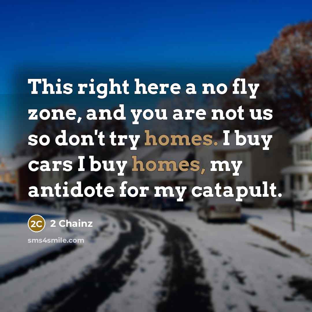 “This right here a no fly zone, and you are not us so don't try homes. I buy cars I buy homes, my antidote for my catapult.” quote by 2 Chainz