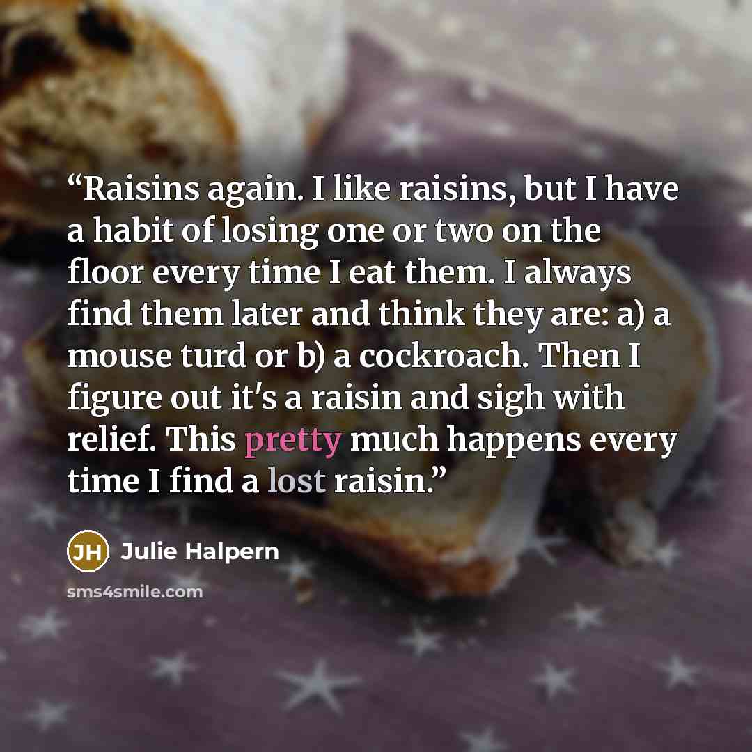“Raisins again. I like raisins, but I have a habit of losing one or two on the floor every time I eat them. I always find them later and think they are: a) a mouse turd or b) a cockroach. Then I figure out it's a raisin and sigh with relief. This pretty much happens every time I find a lost raisin.” quote by Julie Halpern