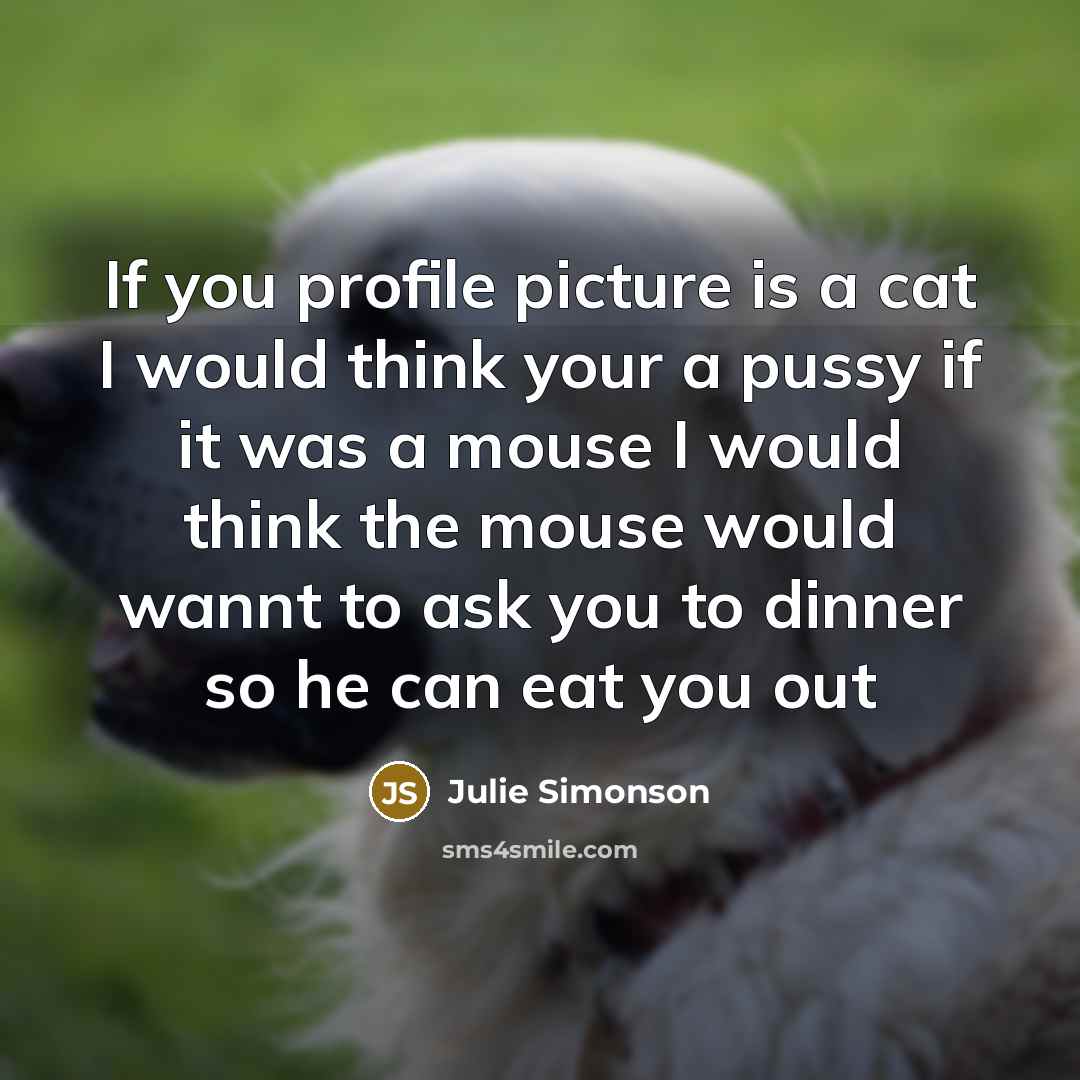 “If you profile picture is a cat I would think your a pussy if it was a mouse I would think the mouse would wannt to ask you to dinner so he can eat you out” quote by Julie Simonson