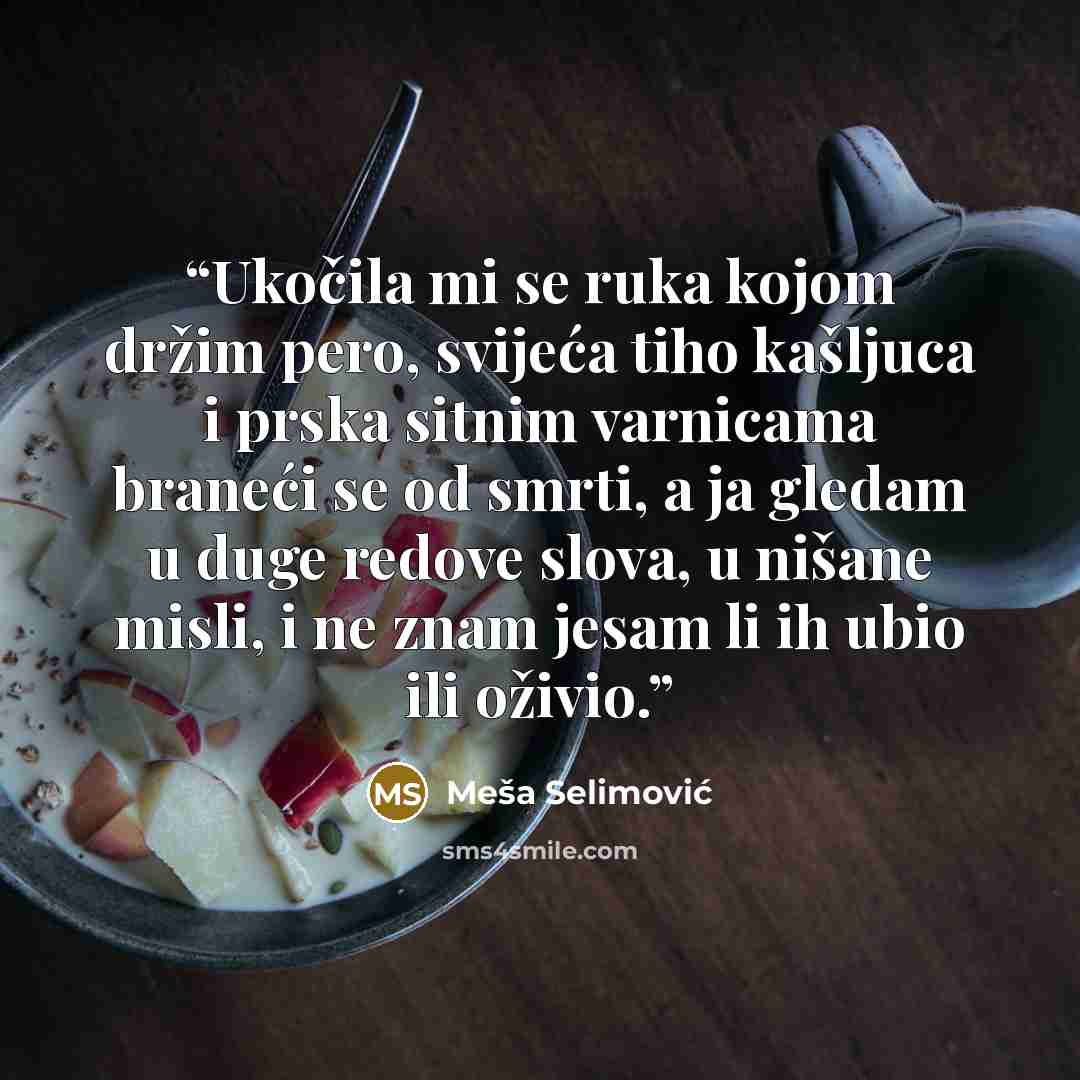 “Ukočila mi se ruka kojom držim pero, svijeća tiho kašljuca i prska sitnim varnicama braneći se od smrti, a ja gledam u duge redove slova, u nišane misli, i ne znam jesam li ih ubio ili oživio.” quote by Meša Selimović