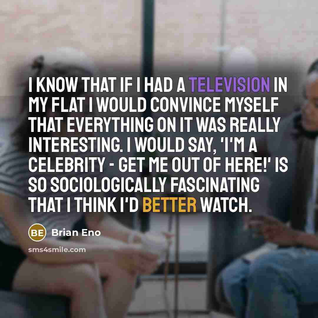 “I know that if I had a television in my flat I would convince myself that everything on it was really interesting. I would say, 'I'm a Celebrity - Get Me Out of Here!' is so sociologically fascinating that I think I'd better watch.” quote by Brian Eno