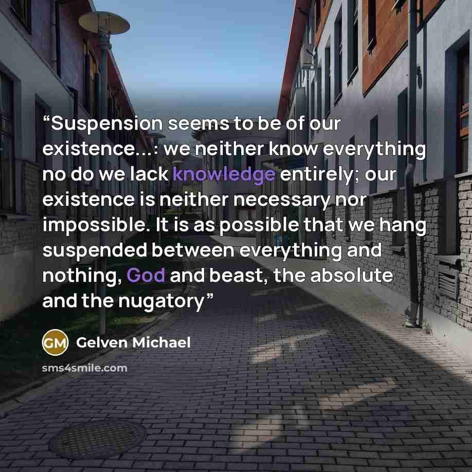 “Suspension seems to be of our existence...: we neither know everything no do we lack knowledge entirely; our existence is neither necessary nor impossible. It is as possible that we hang suspended between everything and nothing, God and beast, the absolute and the nugatory” quote by Gelven Michael