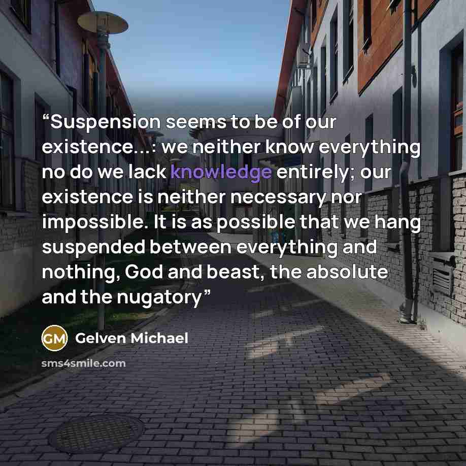 “Suspension seems to be of our existence...: we neither know everything no do we lack knowledge entirely; our existence is neither necessary nor impossible. It is as possible that we hang suspended between everything and nothing, God and beast, the absolute and the nugatory” quote by Gelven Michael
