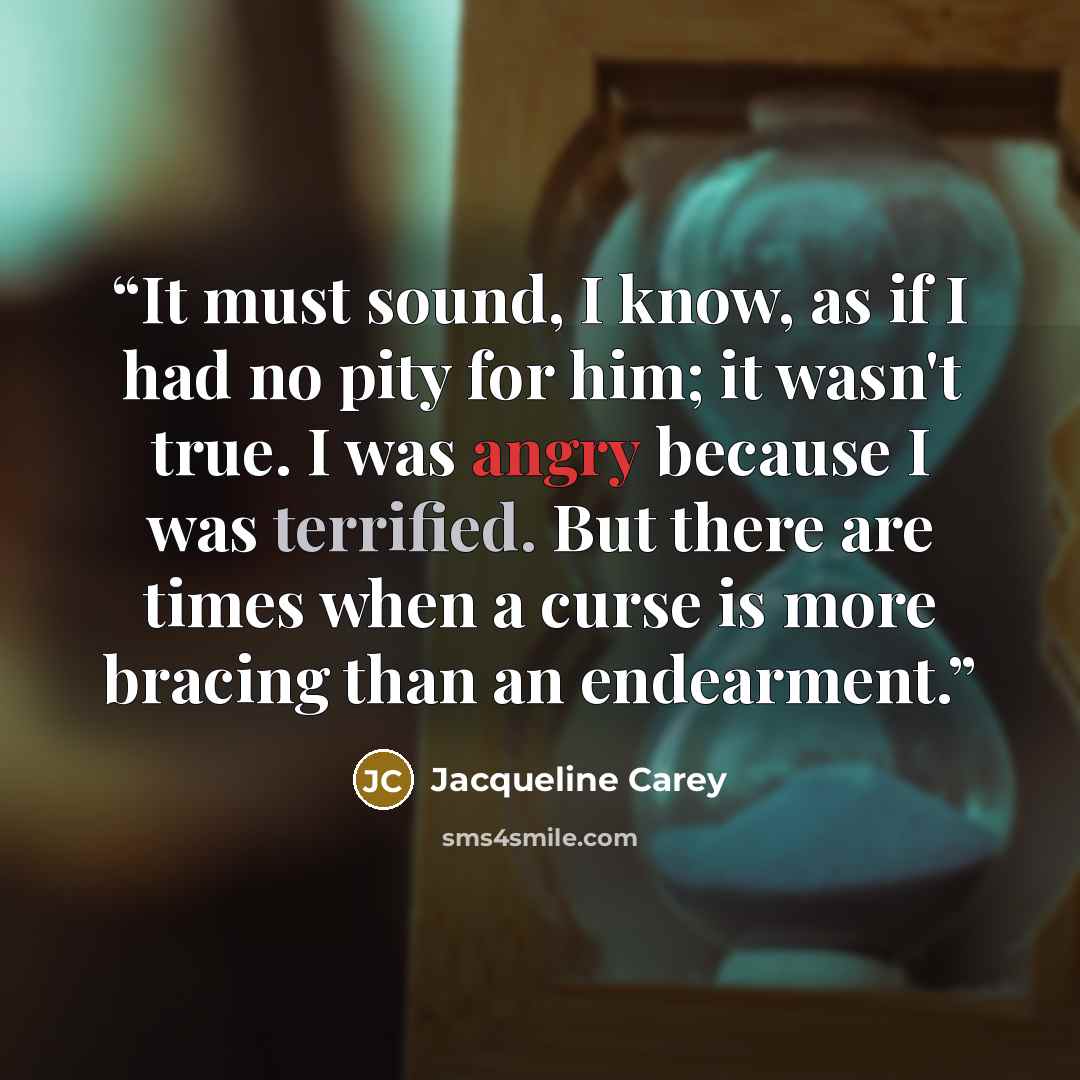 “It must sound, I know, as if I had no pity for him; it wasn't true. I was angry because I was terrified. But there are times when a curse is more bracing than an endearment.” quote by Jacqueline Carey